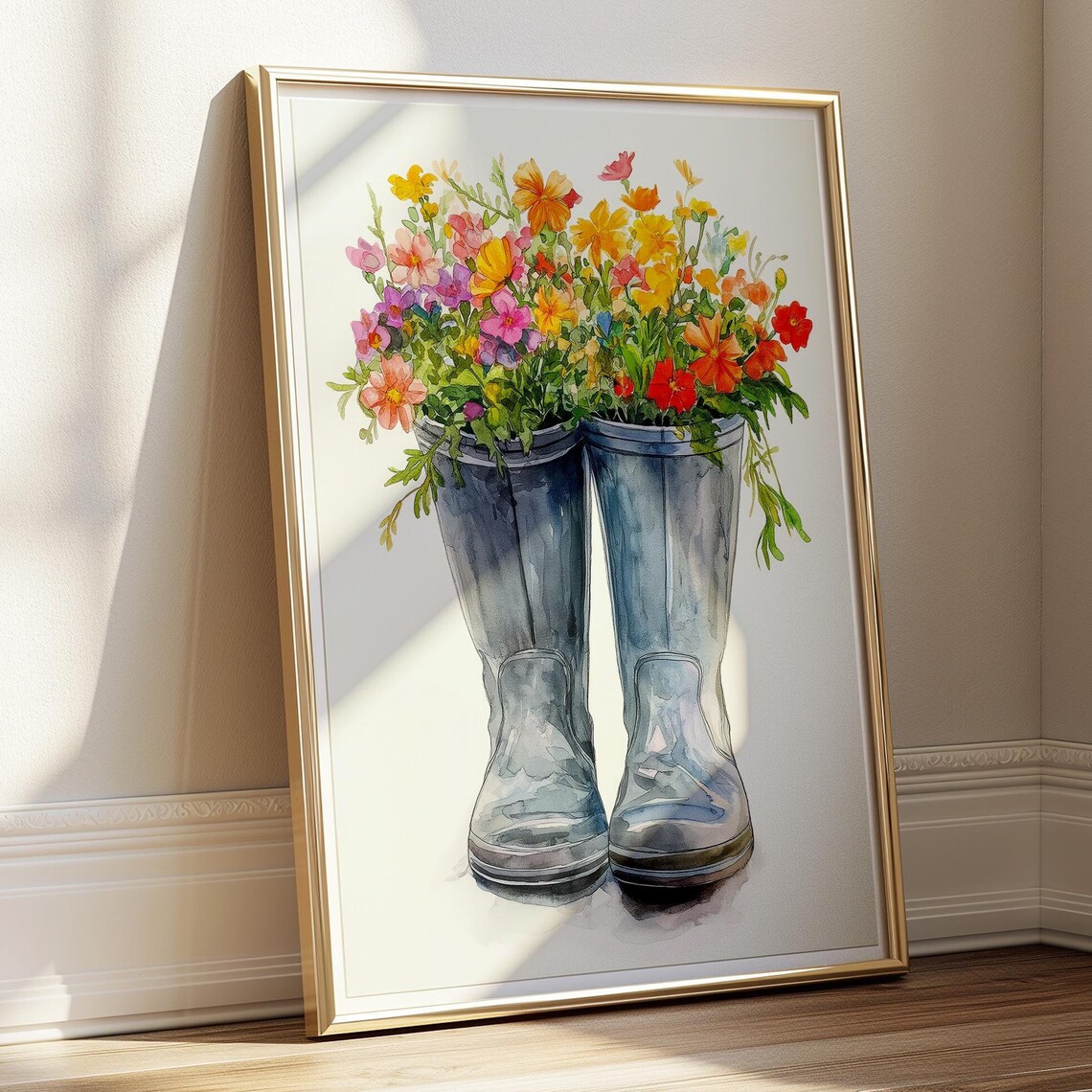 Rain Boots Filled with Wildflowers Poster Watercolor Garden Wall Decor