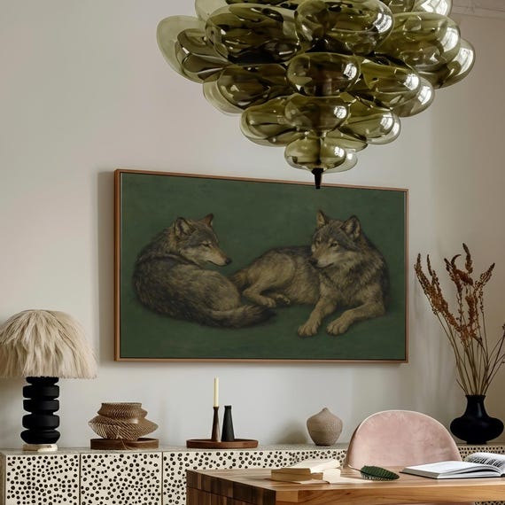 Emerald Green Wolf Duo Art Print Retro Whimsical Wolfs Poster Vintage Abstract Wild Animal Oil Painting Nature Forest Cottagecore Decor
