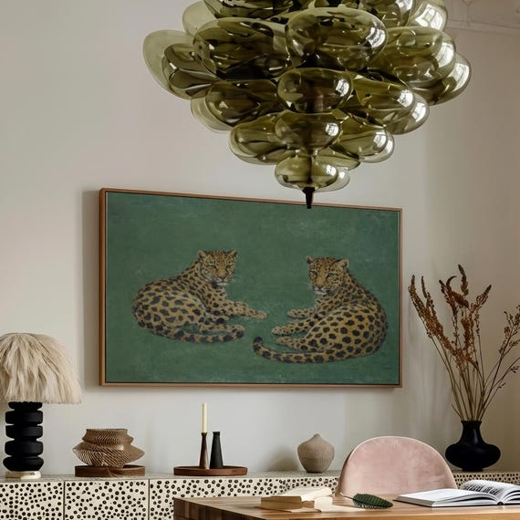 Emerald Green Cheetah Print Retro Whimsical Leopard Poster Vintage Abstract Oil Painting Cottagecore Glam Wall Art Wild Animal