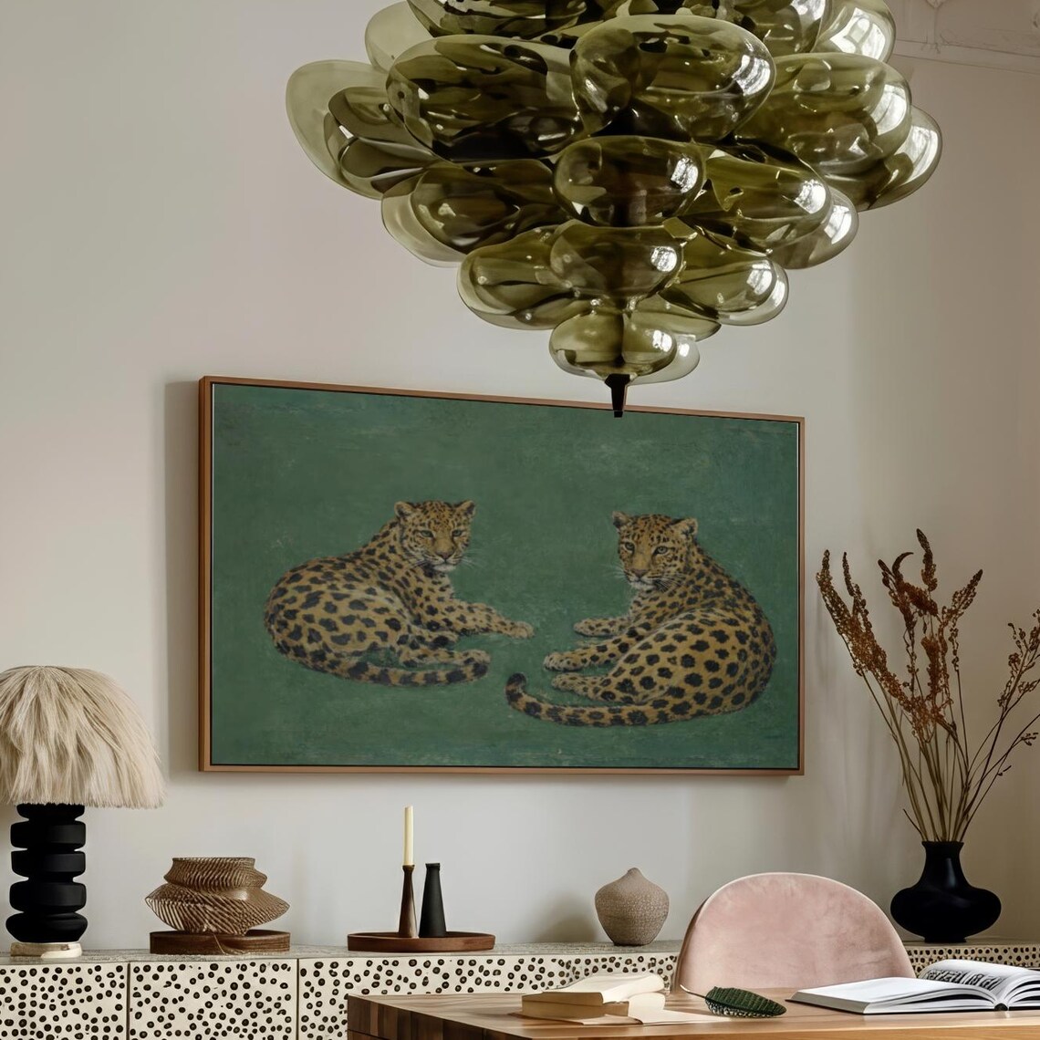 Emerald Green Leopard Duo Retro Oil Painting Whimsical Wildlife Poster