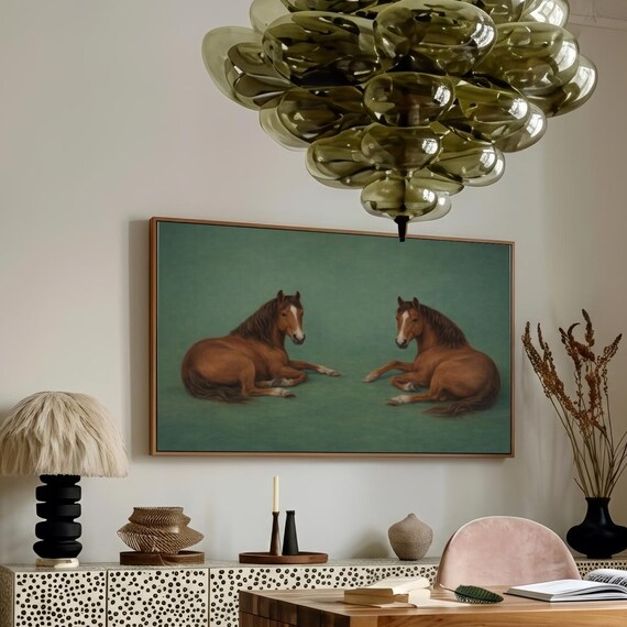 Emerald Green Horses Print Abstract Vintage Oil Painting Mid Century Cottagecore Glam Equestrian Poster Western Nature Wall Art Decor