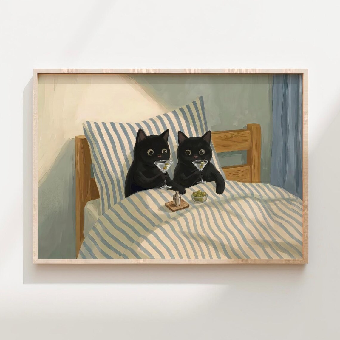 Black Cats Drinking Martinis In Bed Funny Whimsical Cat Art Poster
