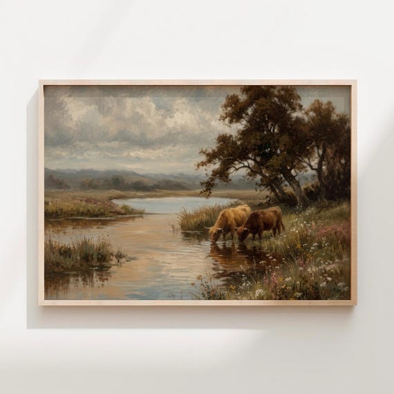 Vintage Highland Cow Painting Poster Moody River Landscape Art Print Horizontal Scottish Countryside Wall Decor Rustic Farmhouse Artwork