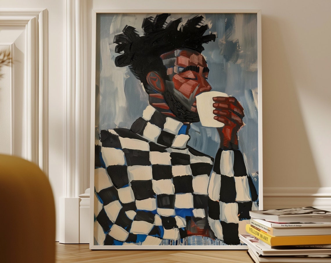 Abstract Man Drinking Coffee Checkered Sweater Contemporary Art Poster