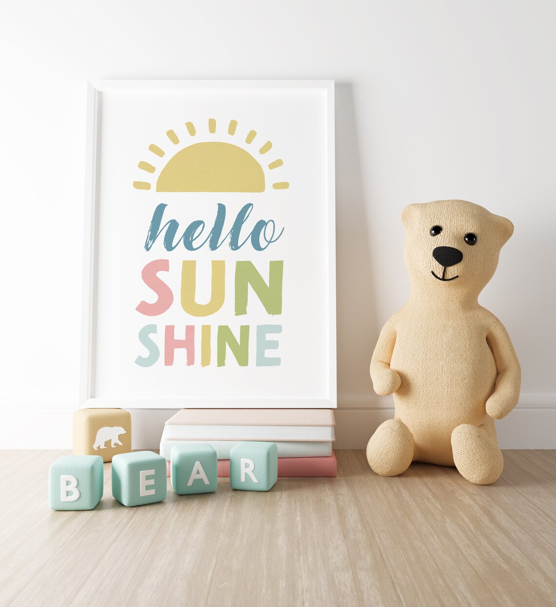 Hello Sunshine Pastel Colorful Sun Kids Nursery Quote Poster - Image 4