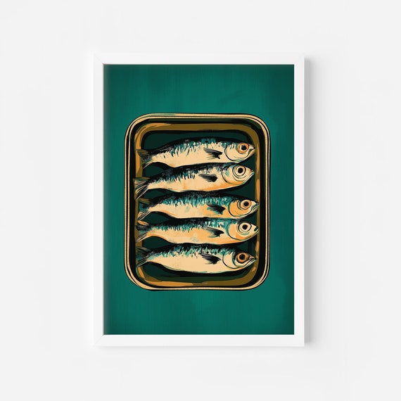 Sardine Painting Antique Still Life Fish Art Coastal Home Art Kitchen Poster Retro Food Art Dining Room Food