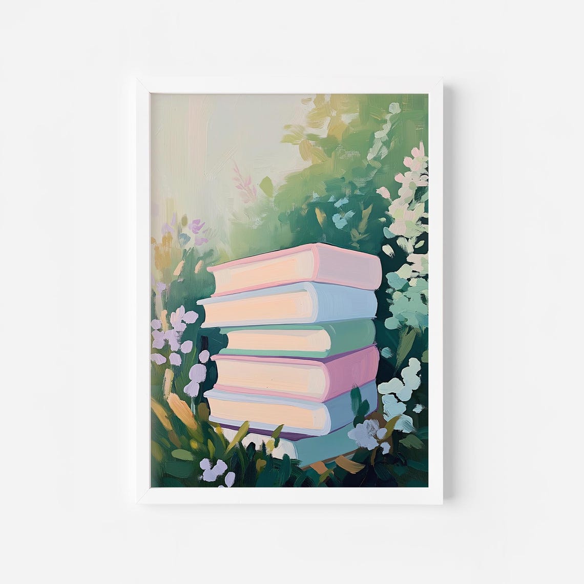 Pastel Book Stack in a Flower Garden Botanical Library Decor Poster