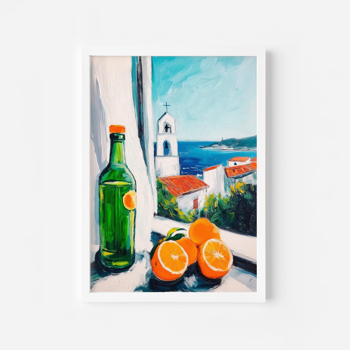 Green Wine Bottle With Oranges Mediterranean Coast Window Poster