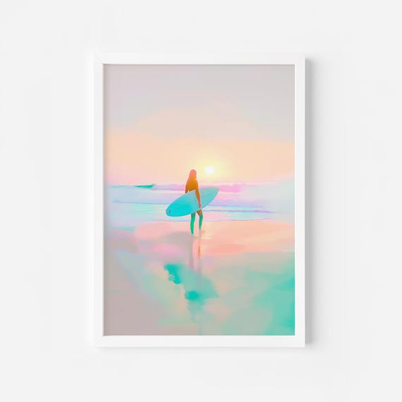 Surfer Girl Painting Surfer Girl Wall Art Preppy Coastal Room Art Summer Sunset Poster Vibrant Surfer Poster
