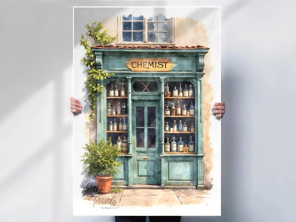 Old Chemist Shop Watercolour Style Art Print