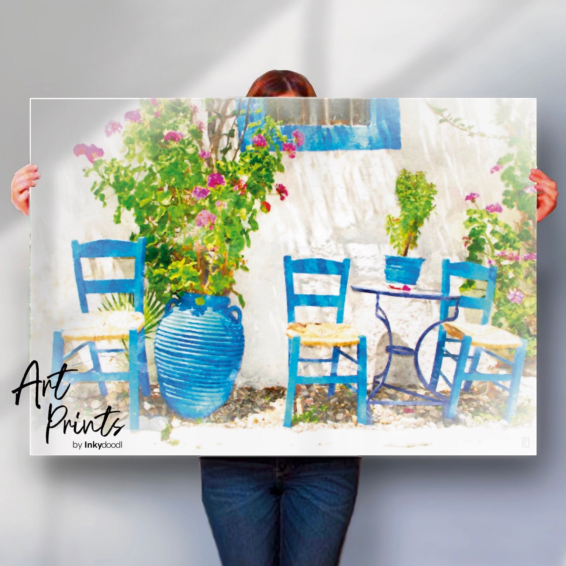 Greek Island Taverna Terrace Blue Chairs Watercolour Travel Poster