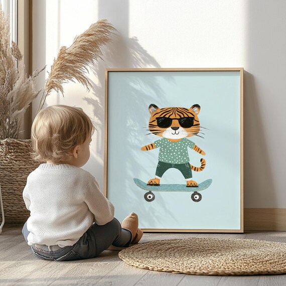 Skateboarding Tiger Nursery Art Print, Retro Animal Decor
