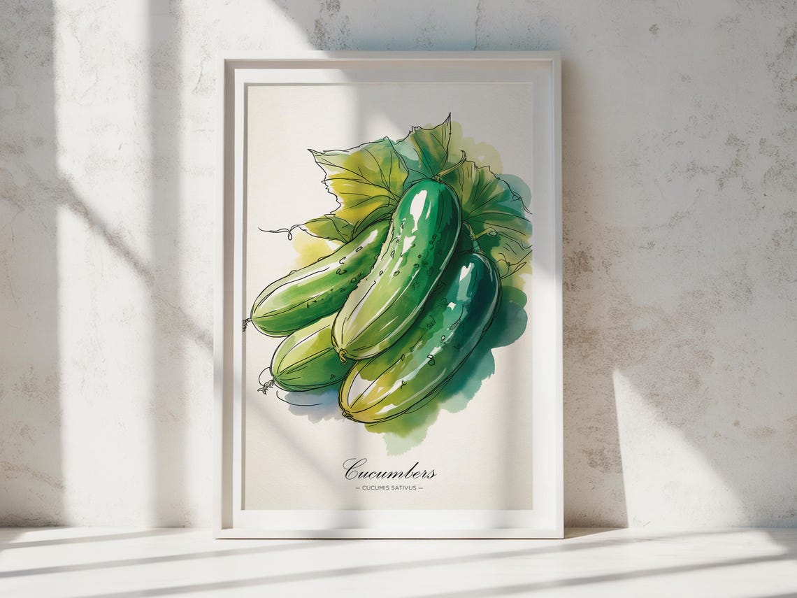 Cucumbers Cucumis Sativus Botanical Watercolor Kitchen Wall Print
