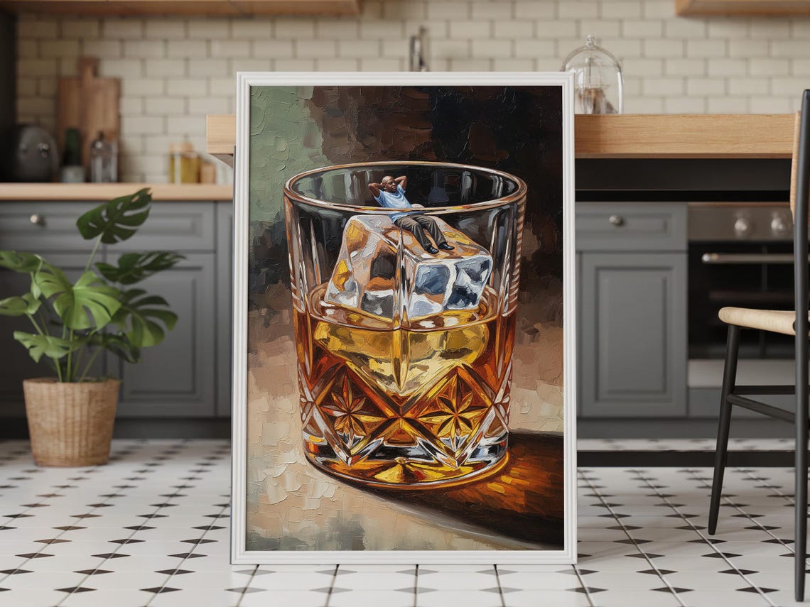 Whiskey Glass Ice Cube Tiny Man Lounge Impasto Oil Painting Bar Poster
