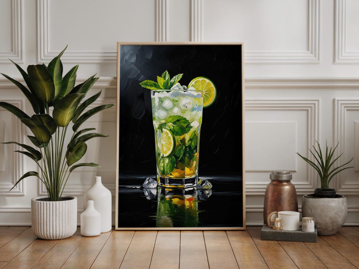 Mojito Cocktail Mint Lime Ice Tall Glass Moody Impasto Art Poster