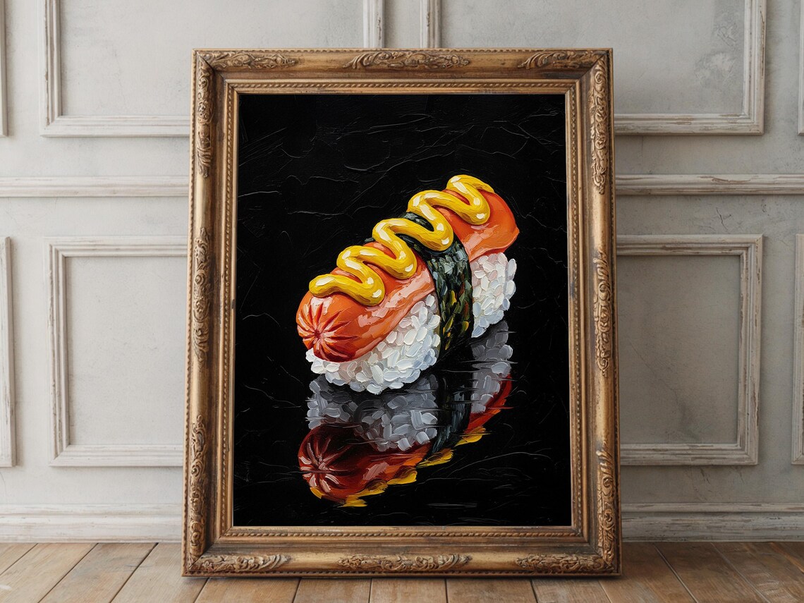 Hot Dog Nigiri Sushi Mustard Impasto Oil Painting Quirky Food Poster