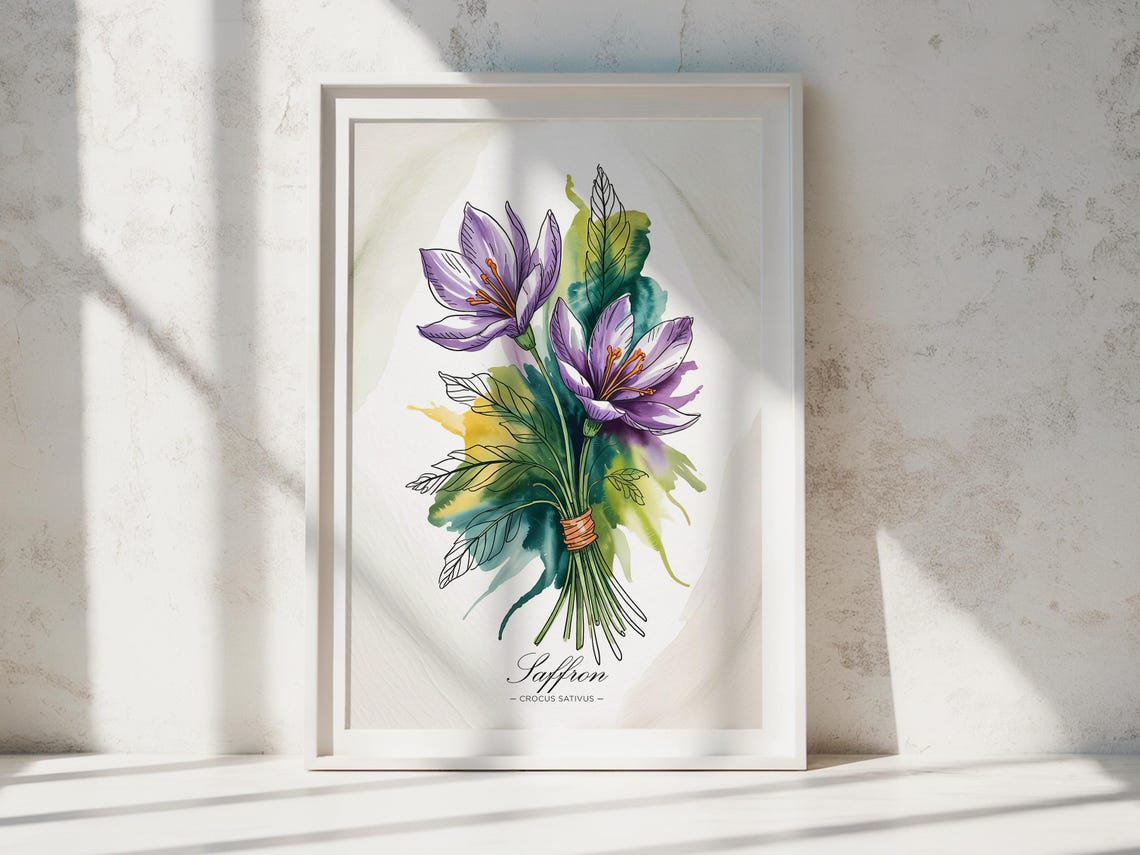 Saffron Crocus Watercolor Botanical Floral Art Print Kitchen Decor