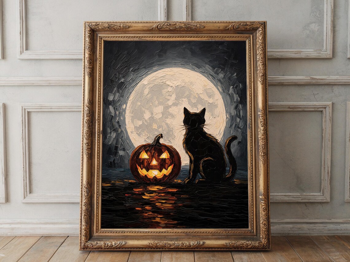 Black Cat Halloween Print Impasto Jack Olantern Full Moon