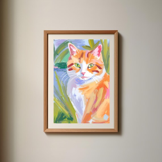 Orange Cat in Daisy Field, Gift for Cat Lovers