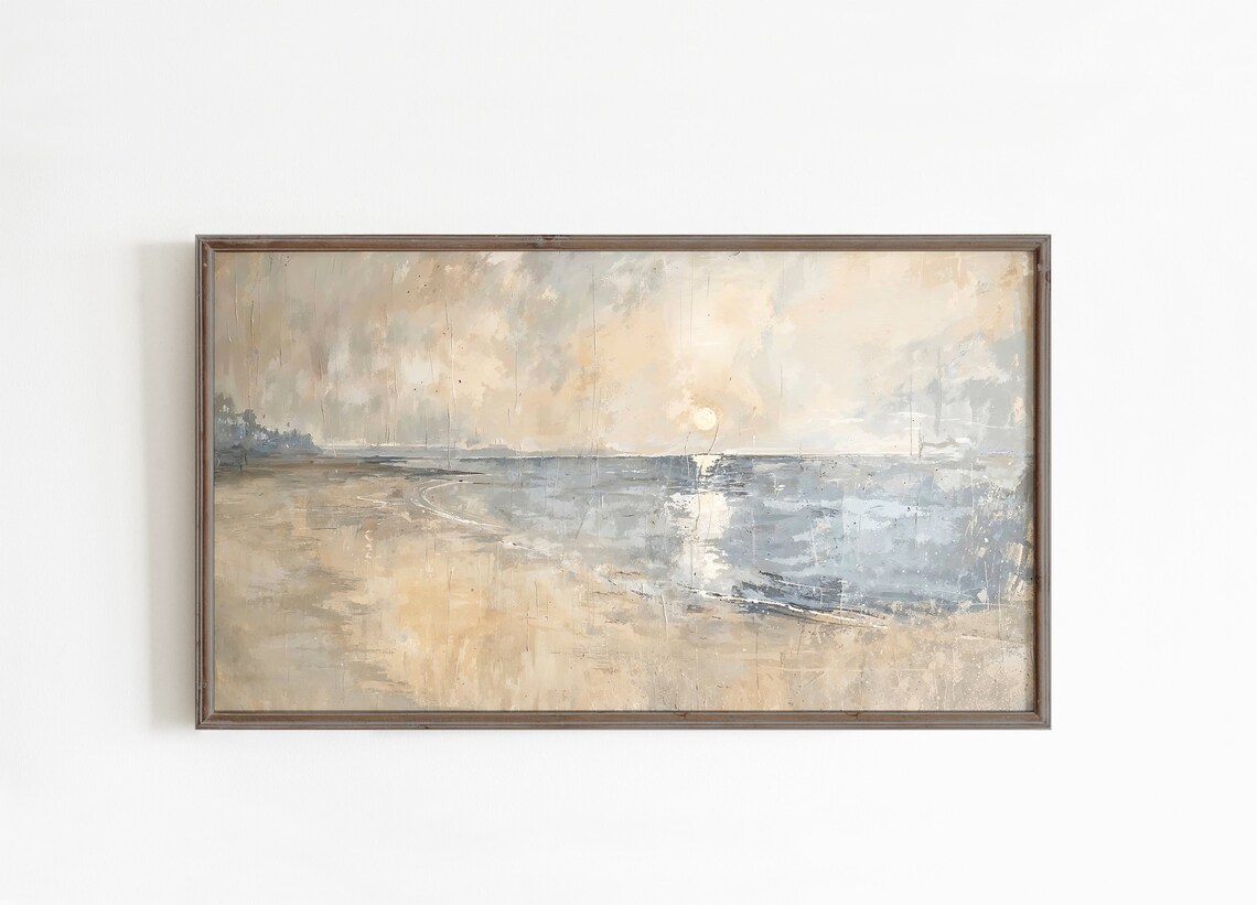 Golden Sunset Beach Seascape Soft Gray Beige Vintage Art Poster - Image 3