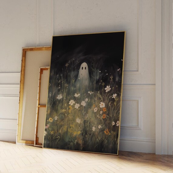 Ghost In Wildflowers Wall Art Print Halloween Ghost Painting Rustic Country Fall Meadow Art Moody Ghost Field Print