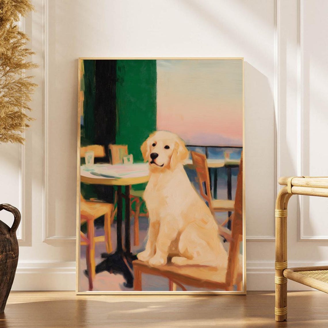 Golden Retriever Cafe Portrait Impressionist Dog Painting Poster