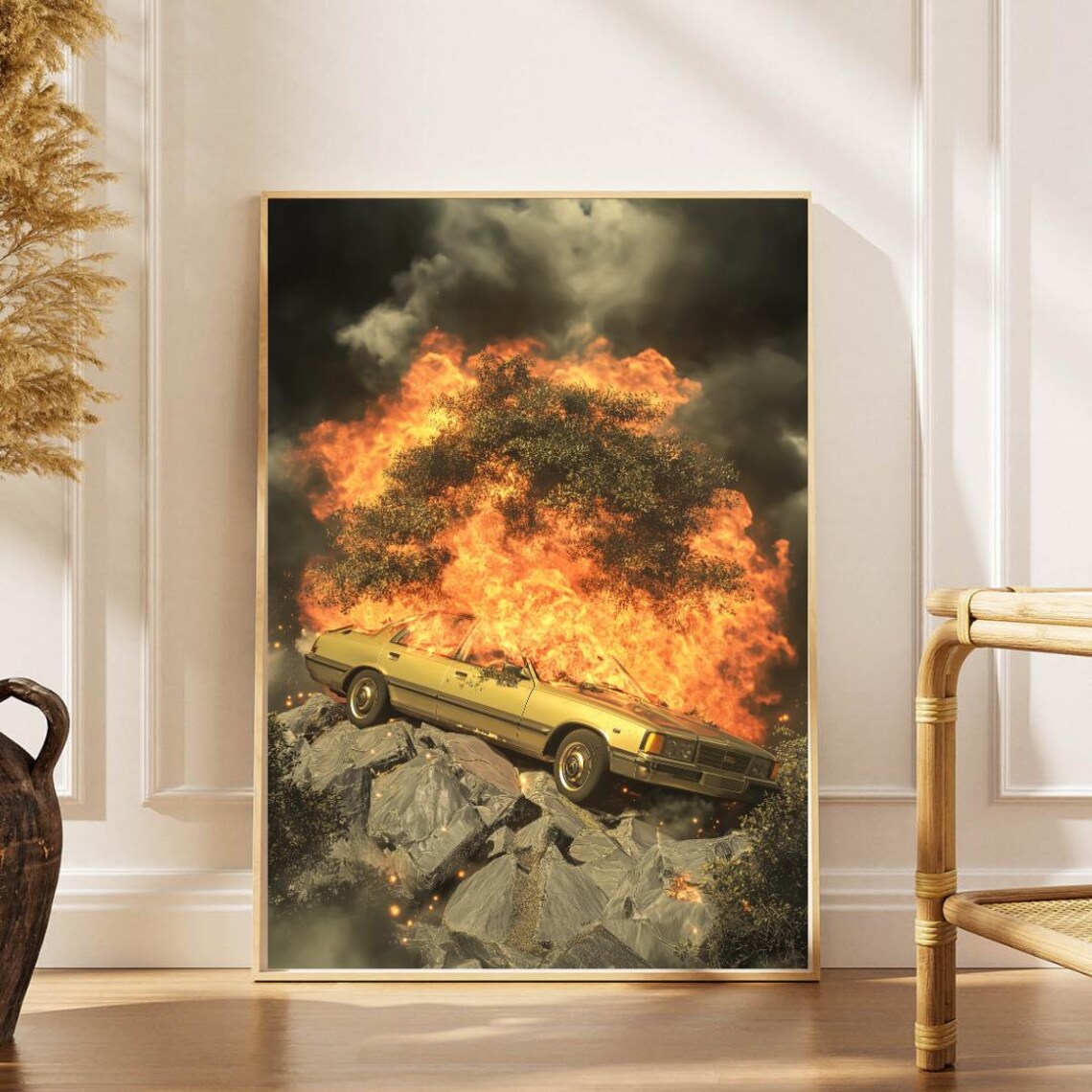 Burning Vintage Sedan Surreal Dark Fantasy Fire Storm Art Print