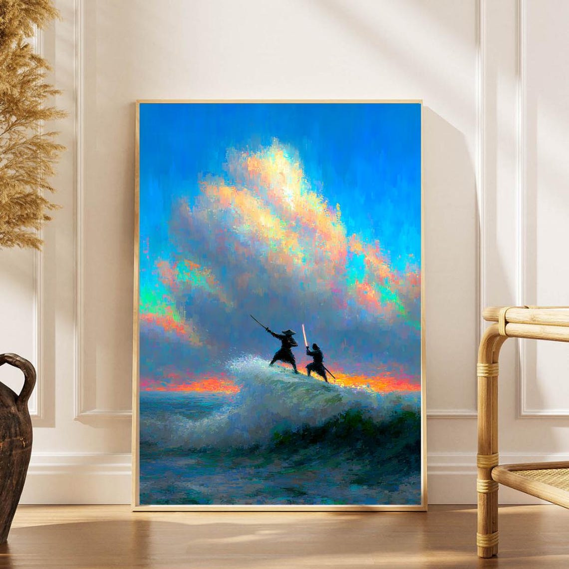 Samurai Duel on Ocean Wave at Sunset Dramatic Japanese Art Print