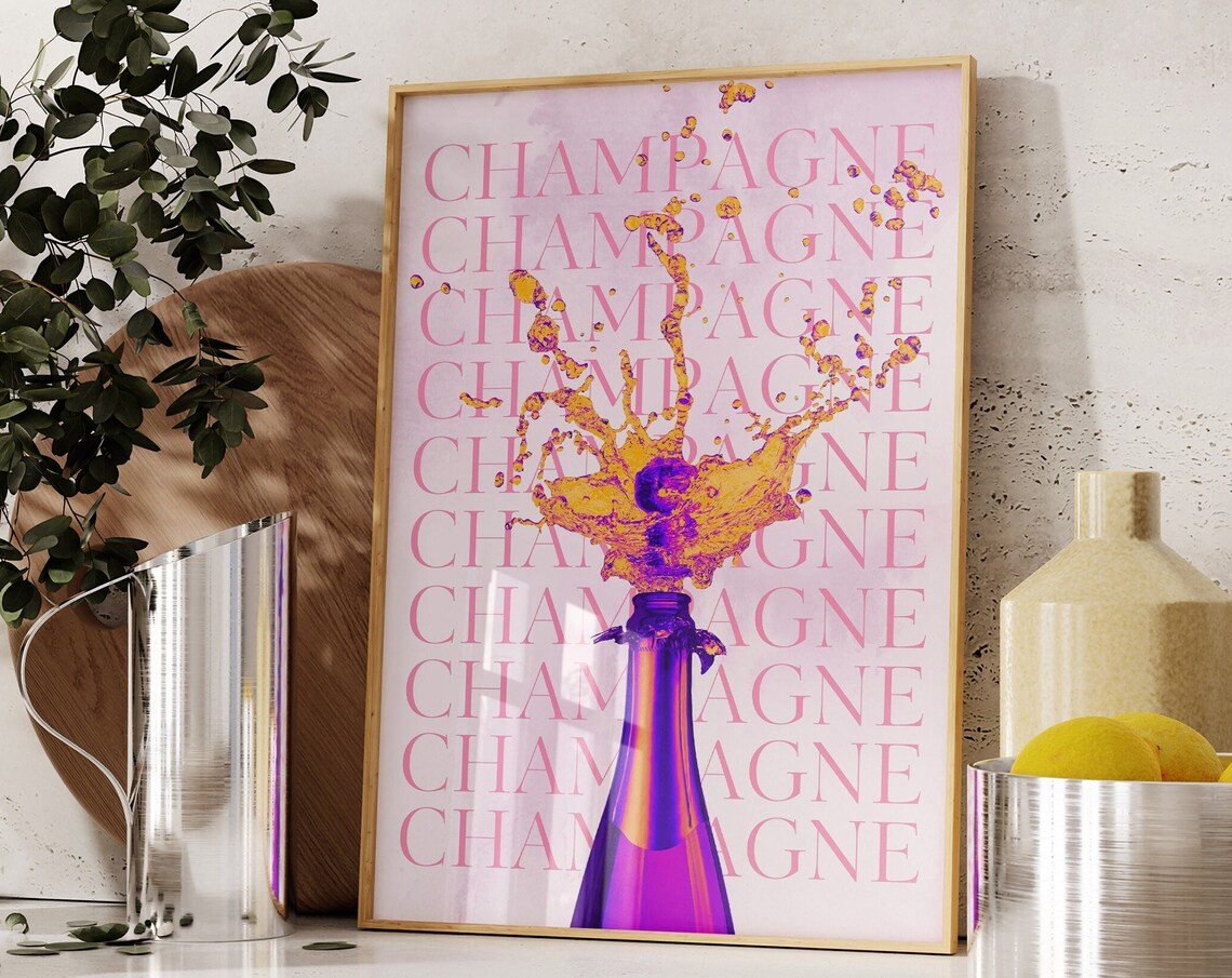 Purple Champagne Bottle Splash Over Repeated Champagne Typography Poster
