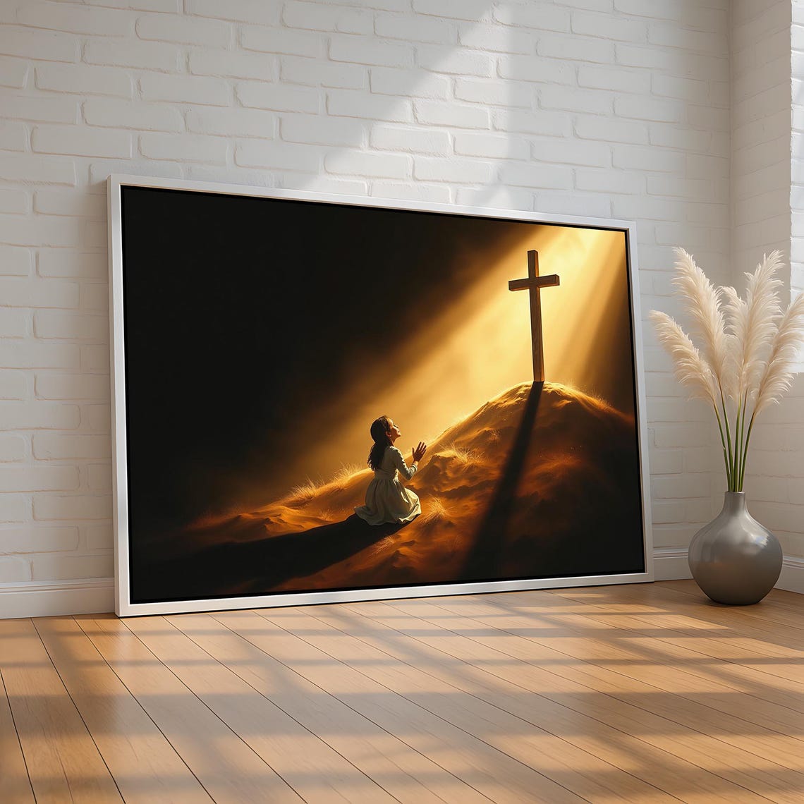 Girl Praying At The Cross Golden Heavenly Light Christian Poster