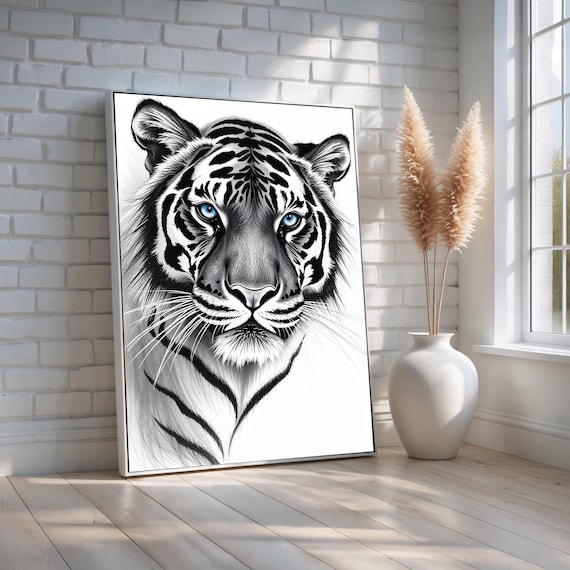 Black And White Tiger Wall Art Poster Fierce Wildlife Portrait With Blue Eyes Modern Jungle Animal Decor For Home Or Office Ready To Hang