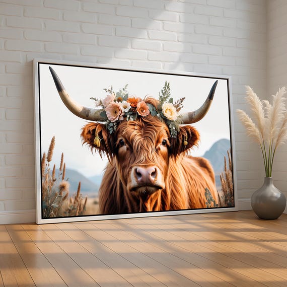 Highland Cow With Flower Crown Boho Farmhouse Wall Art Print Rustic Animal Decor For Country Home Nursery Or Barn Kitchen Ready To Hang