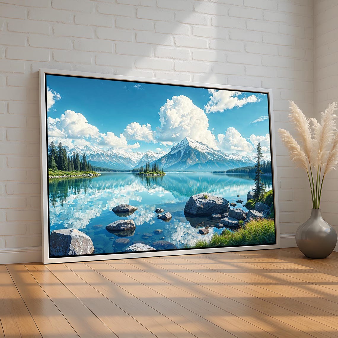 Snowy Mountain Lake Mirror Reflection Clouds Blue Sky Landscape Poster