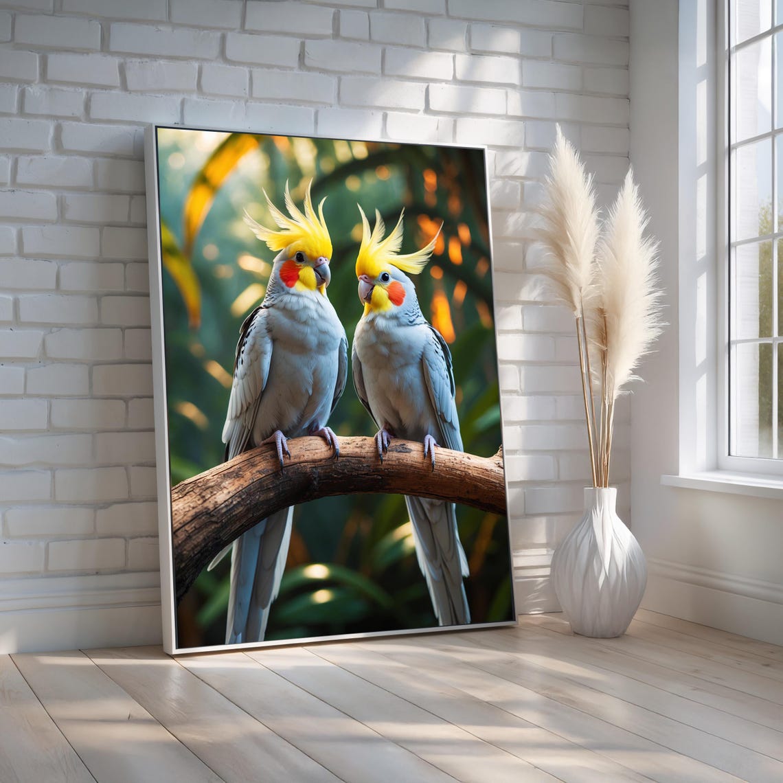 Two Cockatiels Perched On Tropical Branch Colorful Bird Art Poster