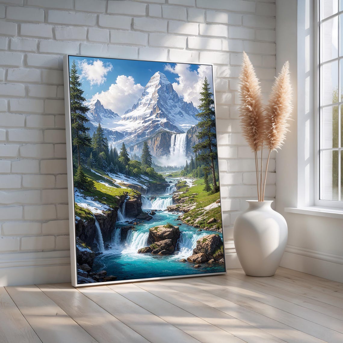 Mountain Waterfall Landscape Turquoise River Snowy Peak Poster