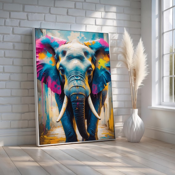 Colorful Elephant Canvas Poster Bold Abstract Wildlife Painting Modern Animal Wall Art For Living Room Or Office Ready To Hang