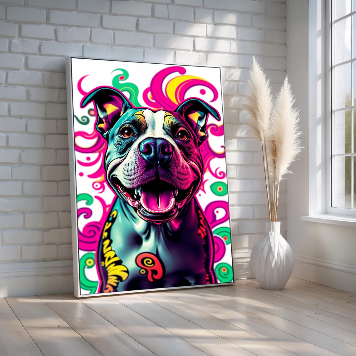 Psychedelic Pit Bull Portrait Colorful Pop Art Dog Canvas Poster