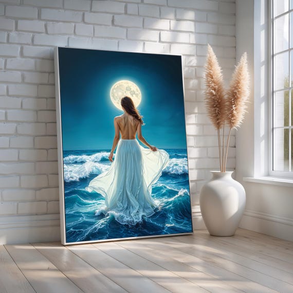 Moonlight Ocean Goddess Wall Art Mystical Woman In Waves Canvas Print Celestial Night Sea Decor Feminine Energy Ready To Hang