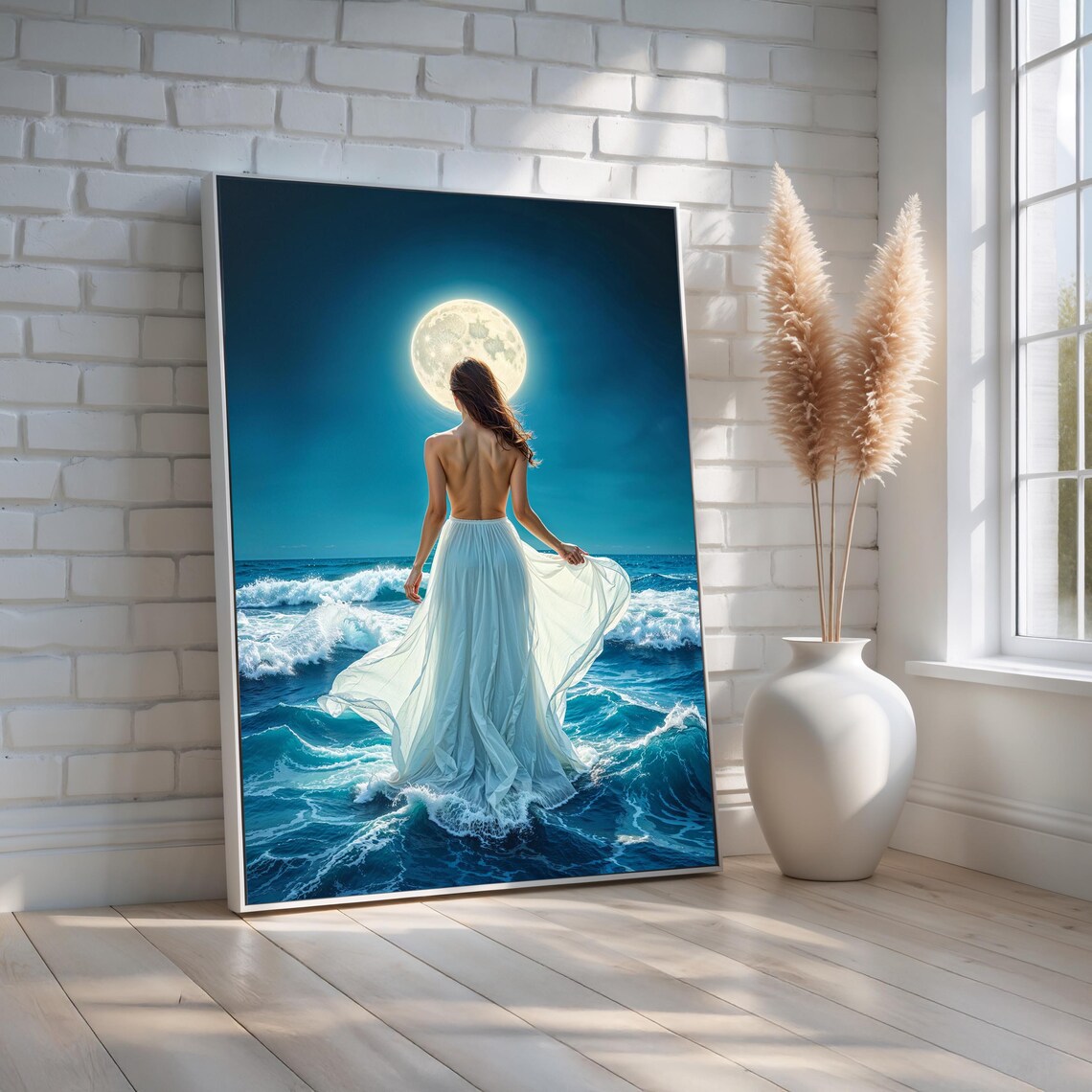 Moonlight Ocean Goddess Woman White Dress Full Moon Waves Art Poster