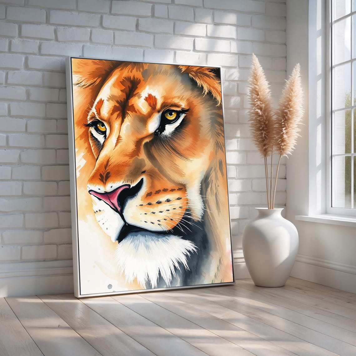 Majestic Lion Face Bold Watercolor Big Cat Portrait Art Poster