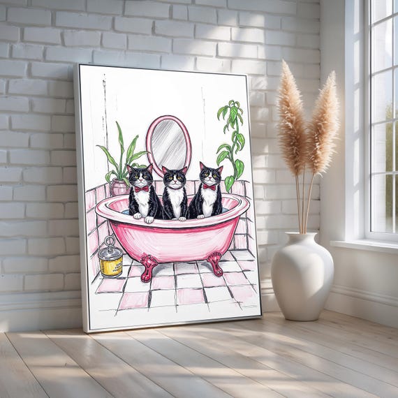 Tuxedo Cats In Pink Bathtub Poster Funny Retro Bathroom Wall Art Quirky Cat Lover Gift Or Decor For Pet Owners Ready To Hang