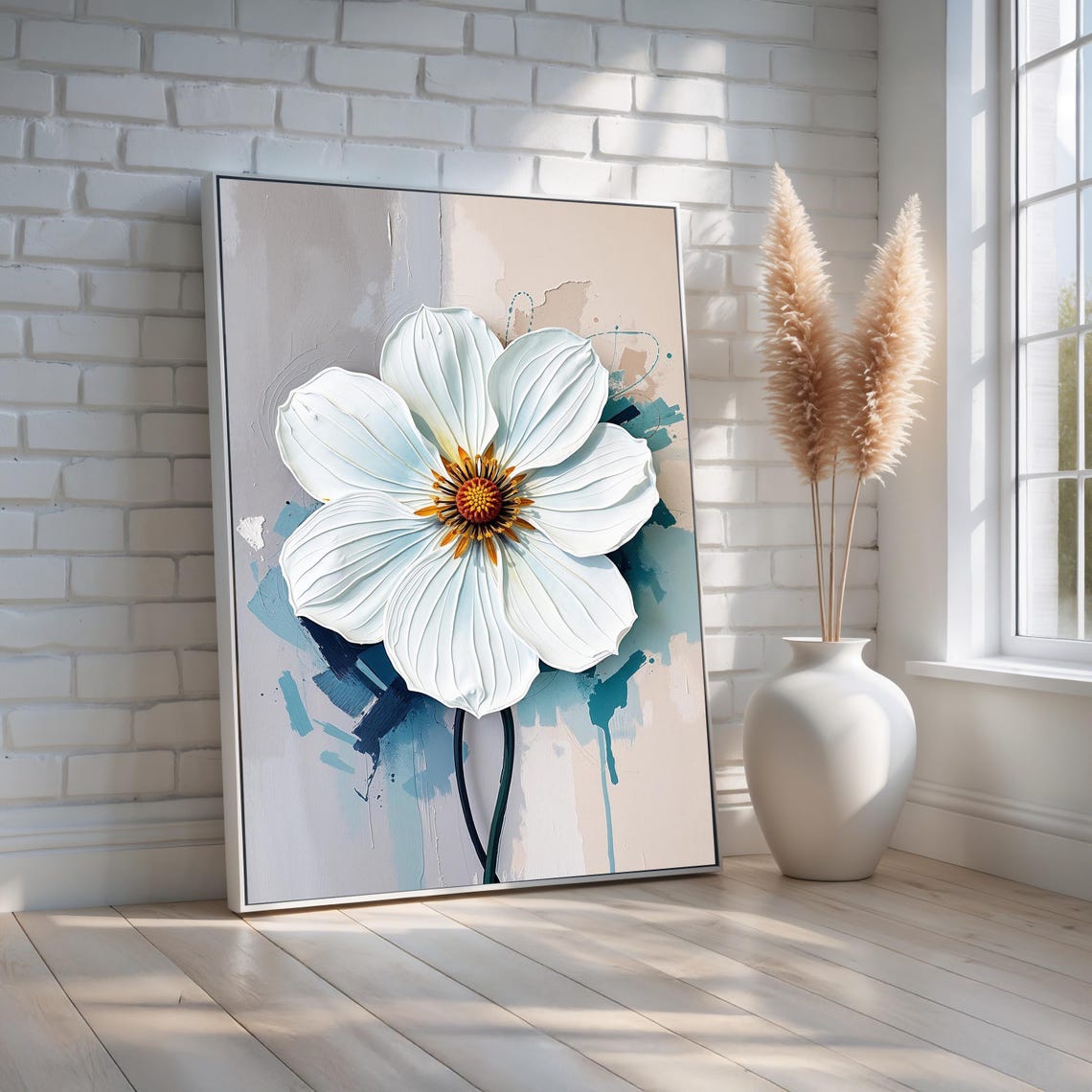White Flower Blossom Macro Teal and Gold Abstract Floral Art Poster