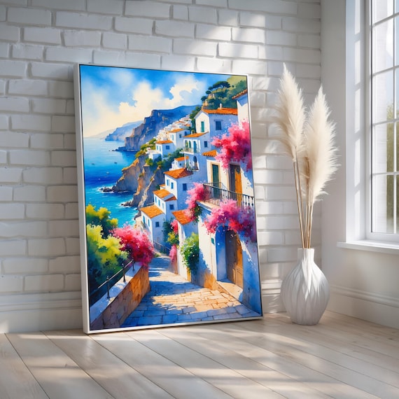 Mediterranean Coastal Village Travel Poster, Italy Decor