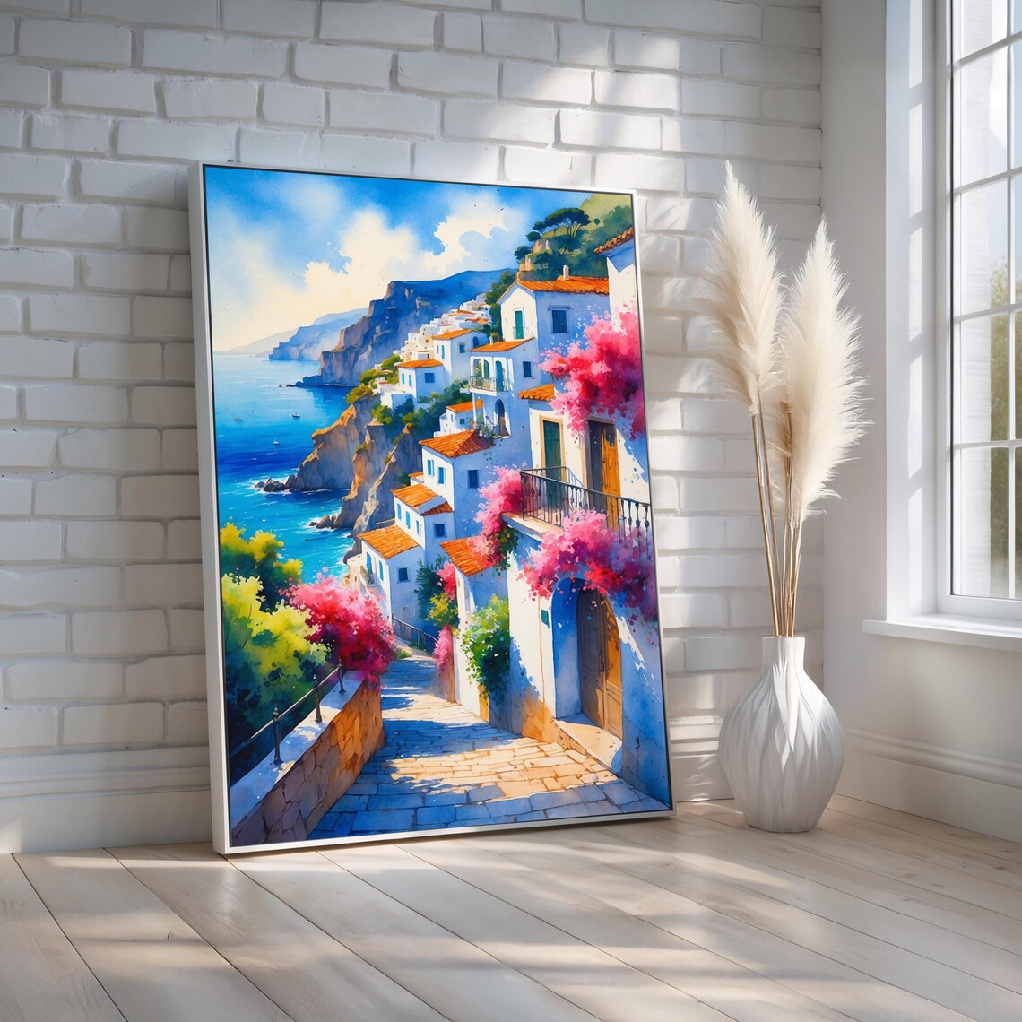 Mediterranean Coastal Village Travel Poster, Italy Decor