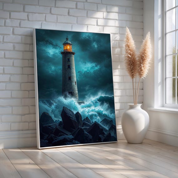 Stormy Lighthouse Wall Art Ocean Waves Coastal Canvas Print Nautical Beacon In Dark Sky Symbolic Strength Decor Ready To Hang