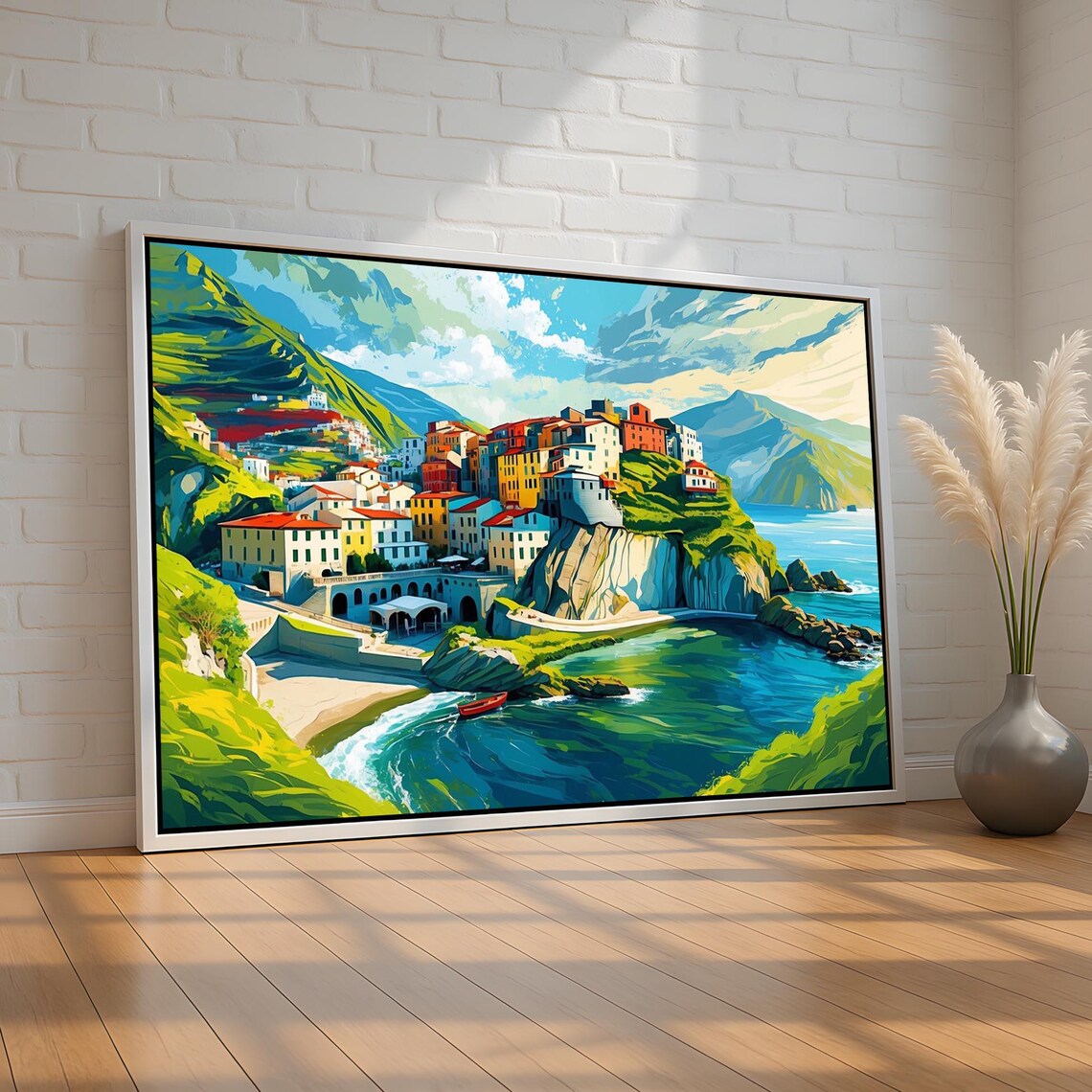 Colorful Cliffside Coastal Village Sea Painting Travel Wall Poster