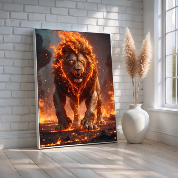Fire Lion Bold Fantasy Animal Art Print