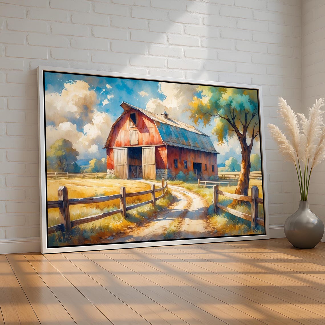 Rustic Red Barn Country Road Fence Golden Farm Landscape Poster