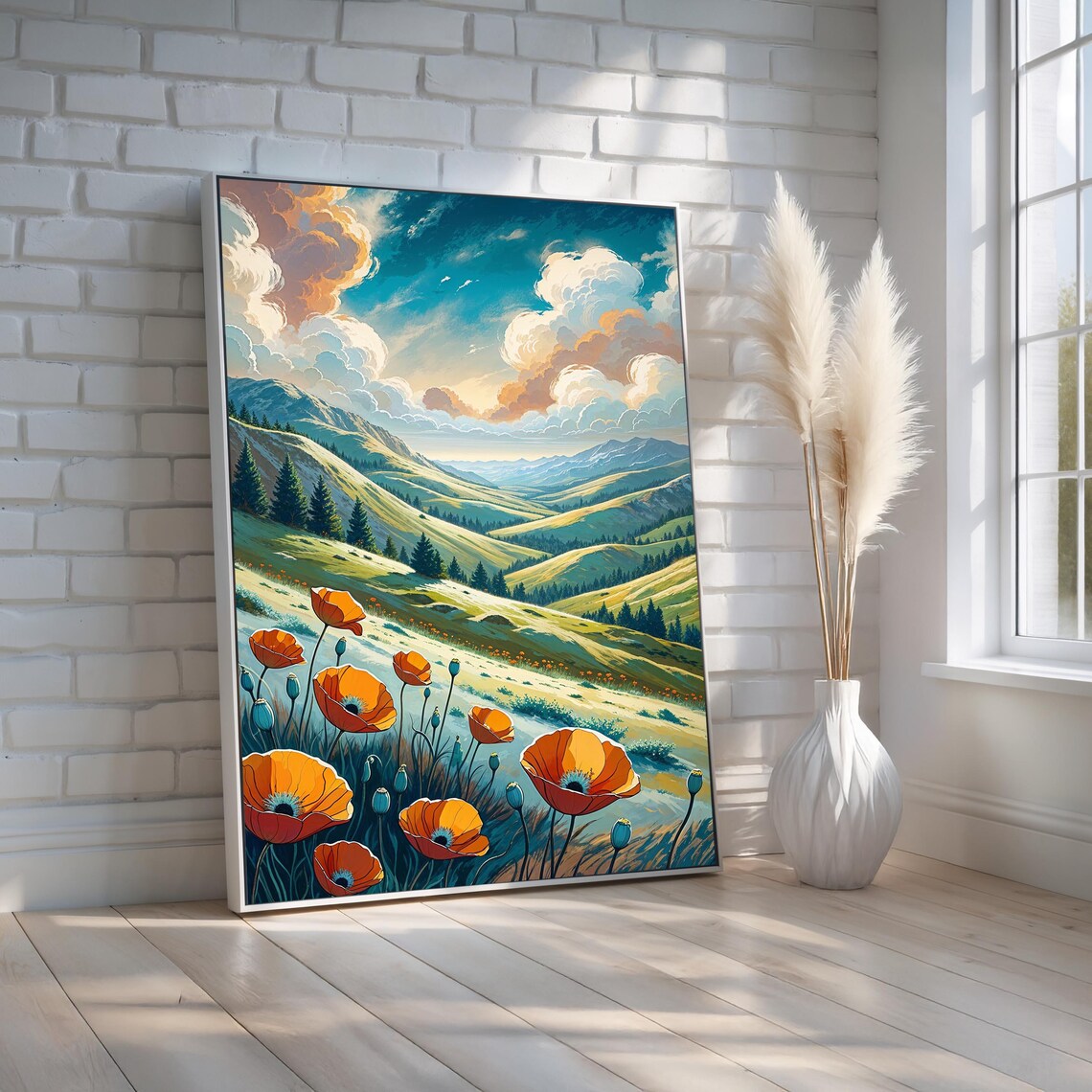 Orange Poppies in Green Mountain Valley Dramatic Clouds Floral Art Print