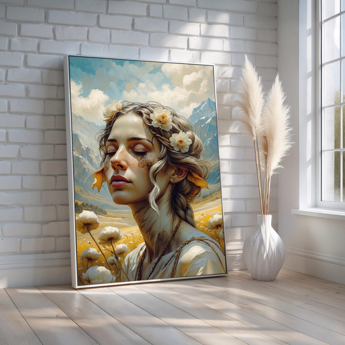 Woman with White Flowers Mountain Meadow Painted Portrait Poster